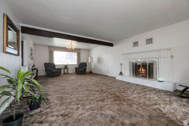 825 W Arapahoe Ave S, Salt Lake City, UT 84104 - carpeted living room featuring a chandelier, beam ceiling, and a premium fireplace