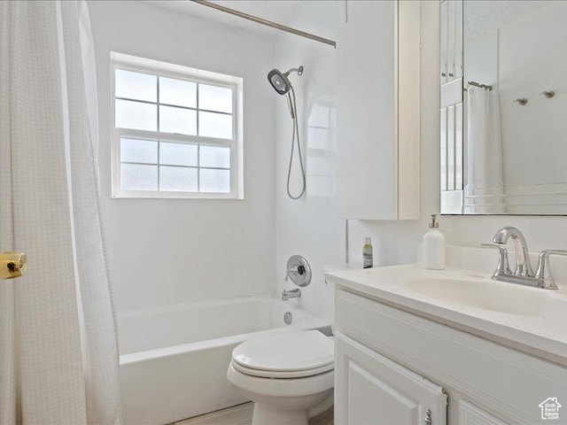full bath with toilet, shower / bathtub combination with curtain, and vanity