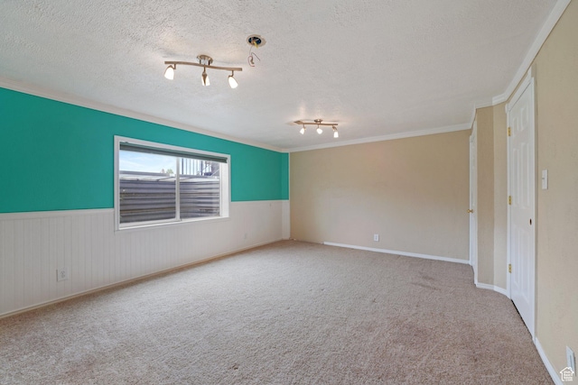 carpeted empty room featuring ornamental molding, a textured ceiling, and a wainscoted wall