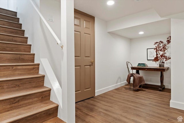 1920 E Westminster Ave, Salt Lake City, UT 84108 - staircase with baseboards, wood finished floors, and recessed lighting