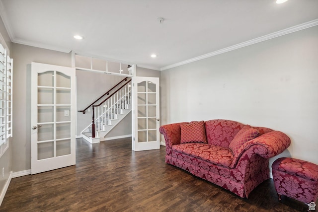 2863 S Cove Ln, Bountiful, UT 84010 - living area with french doors, ornamental molding, wood finished floors, baseboards, and recessed lighting