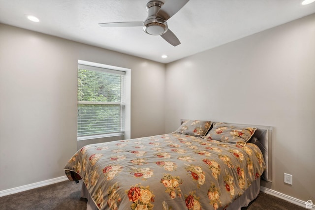 2863 S Cove Ln, Bountiful, UT 84010 - bedroom featuring dark carpet, baseboards, recessed lighting, and ceiling fan