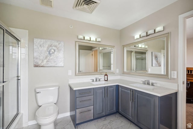 2863 S Cove Ln, Bountiful, UT 84010 - full bathroom featuring marble look tiles, a shower with shower door, double vanity, toilet, and baseboards