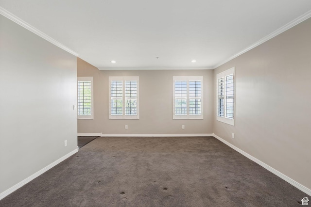 2863 S Cove Ln, Bountiful, UT 84010 - empty room with baseboards, ornamental molding, dark colored carpet, and recessed lighting