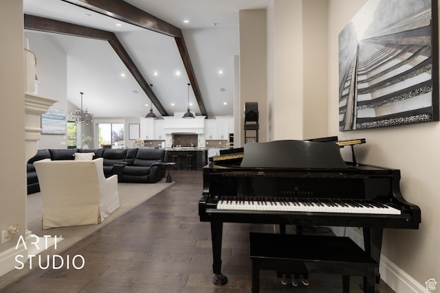 misc room with beamed ceiling, a fireplace, high vaulted ceiling, dark wood-style flooring, and recessed lighting
