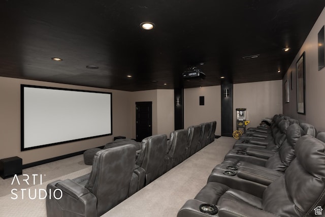 home theater room with carpet floors and recessed lighting
