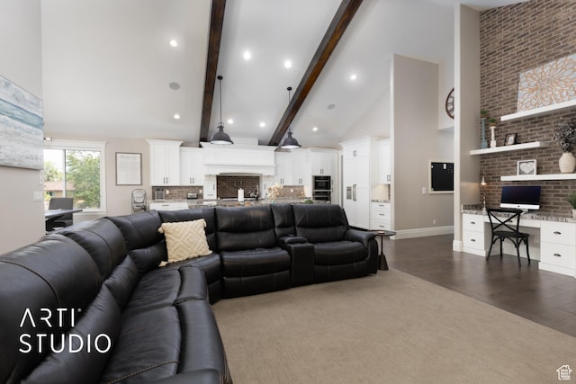 living area with dark wood finished floors, beam ceiling, high vaulted ceiling, a desk, and recessed lighting