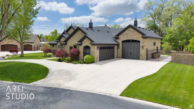french country style house with a gate, stone siding, an attached garage, and driveway