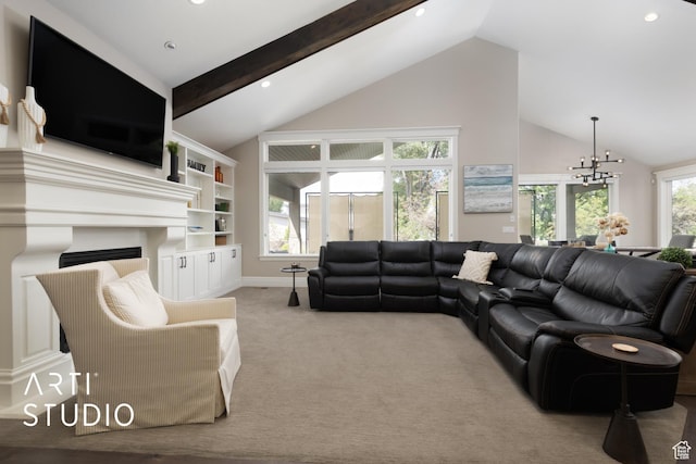 carpeted living area with vaulted ceiling, a chandelier, recessed lighting, and baseboards