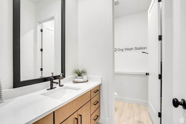 bathroom with vanity, toilet, and wood finished floors