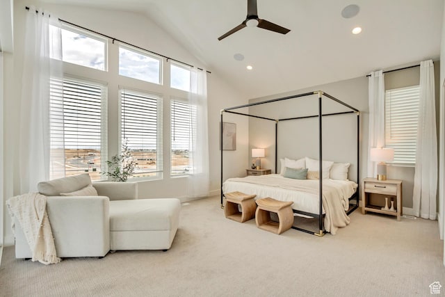 carpeted bedroom with lofted ceiling, recessed lighting, a ceiling fan, and baseboards