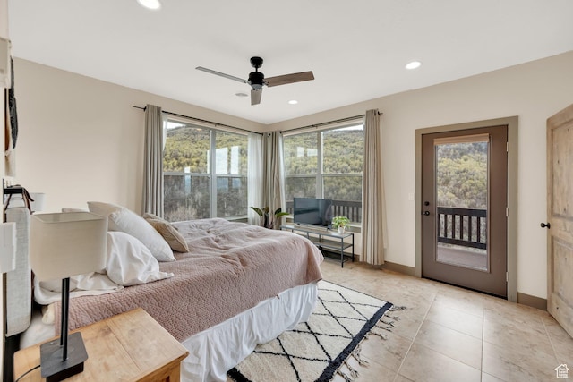 9048 E Acorn Way Unit 984, Heber City, UT 84032 - bedroom with access to exterior, baseboards, light tile patterned floors, recessed lighting, and a ceiling fan