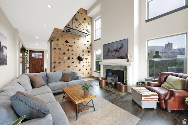 9048 E Acorn Way Unit 984, Heber City, UT 84032 - living area with a towering ceiling, wood finished floors, recessed lighting, and a wood stove