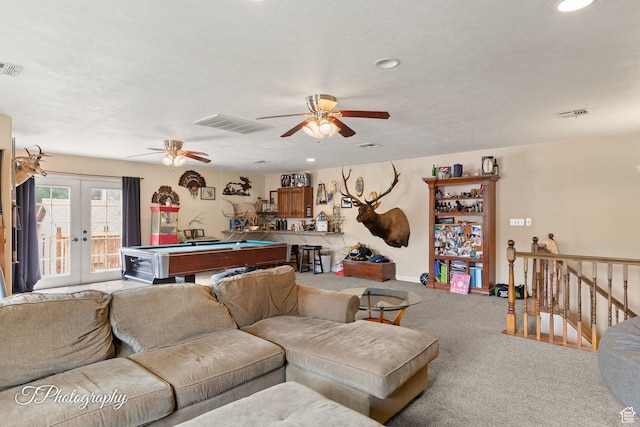 382 W 200 N, St George, UT 84770 - carpeted living room with billiards, french doors, ceiling fan, recessed lighting, and baseboards