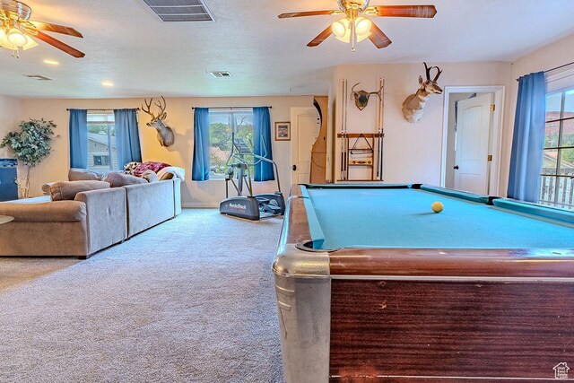 playroom with ceiling fan, carpet flooring, and pool table