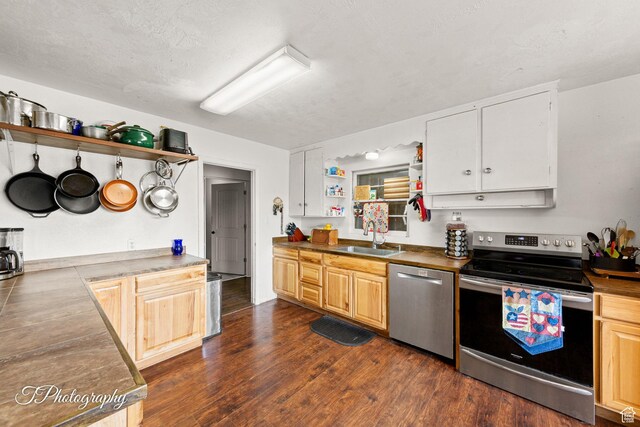 382 W 200 N, St George, UT 84770 - kitchen featuring appliances with stainless steel finishes, open shelves, a sink, and dark wood-style flooring