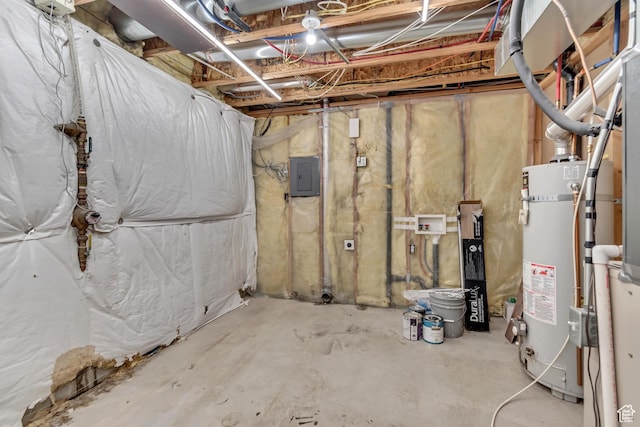 unfinished below grade area with gas water heater and electric panel