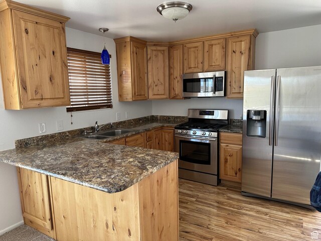 kitchen featuring stainless steel appliances, a sink, a peninsula, hanging light fixtures, and light wood finished floors