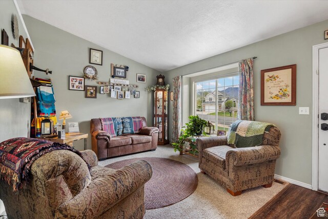 3347 N 1150 E, Layton, UT 84040 - living room featuring wood finished floors, lofted ceiling, and baseboards