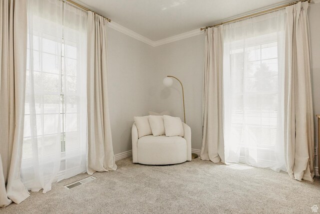 sitting room featuring carpet floors, crown molding, and baseboards