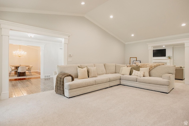 carpeted living room with recessed lighting, a chandelier, vaulted ceiling, ornamental molding, and tile patterned floors