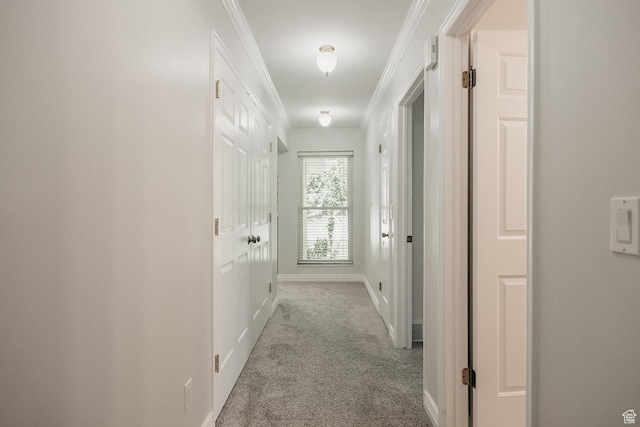 hallway with carpet floors, baseboards, and crown molding