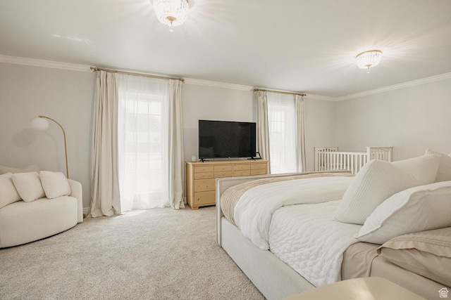 bedroom with light carpet and ornamental molding