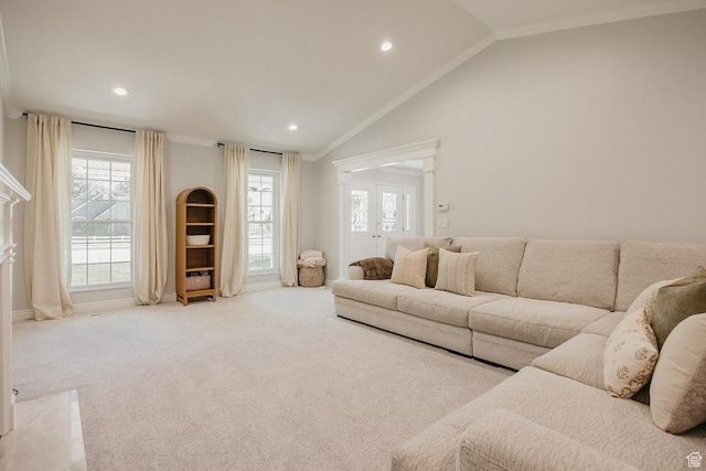 carpeted living area with recessed lighting, crown molding, vaulted ceiling, and baseboards