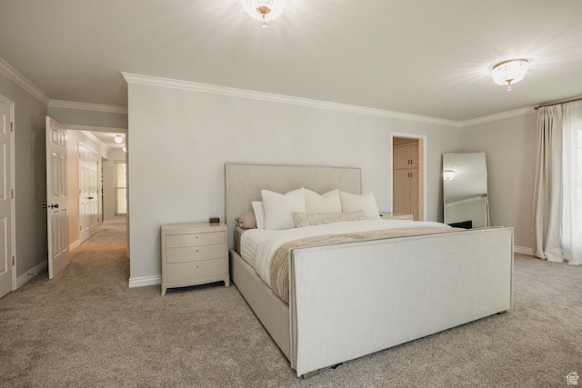 bedroom featuring ornamental molding, light carpet, and baseboards
