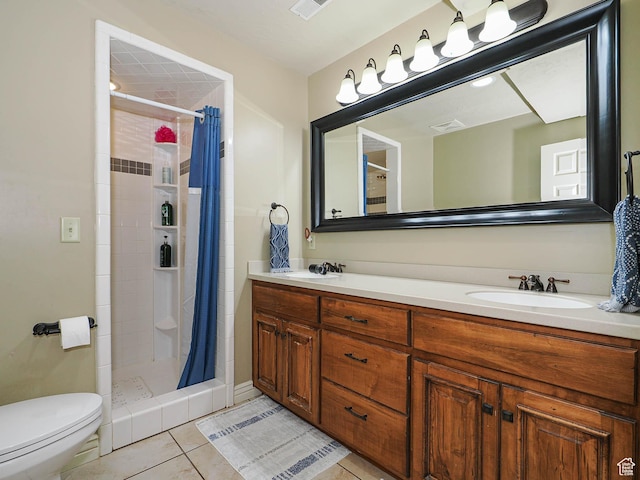 bathroom featuring tile patterned flooring, a stall shower, toilet, and double vanity