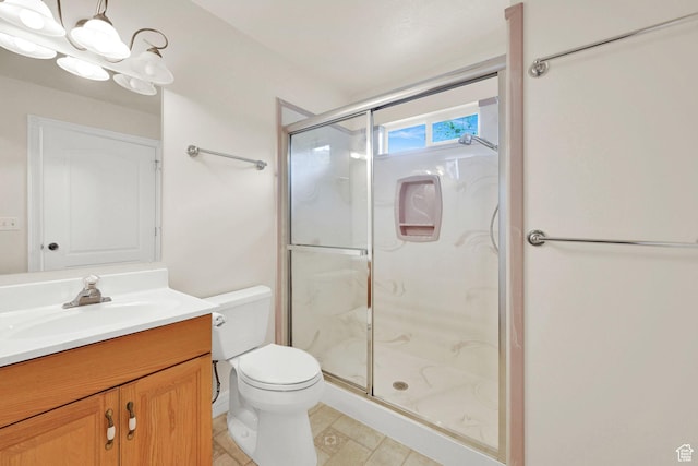 3267 S 1350 W, Perry, UT 84302 - full bathroom featuring a stall shower, toilet, vanity, and a chandelier