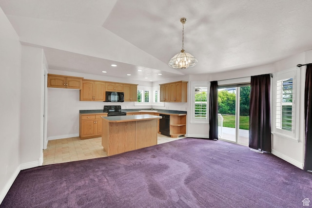 3267 S 1350 W, Perry, UT 84302 - kitchen with black appliances, a center island, lofted ceiling, light carpet, and baseboards