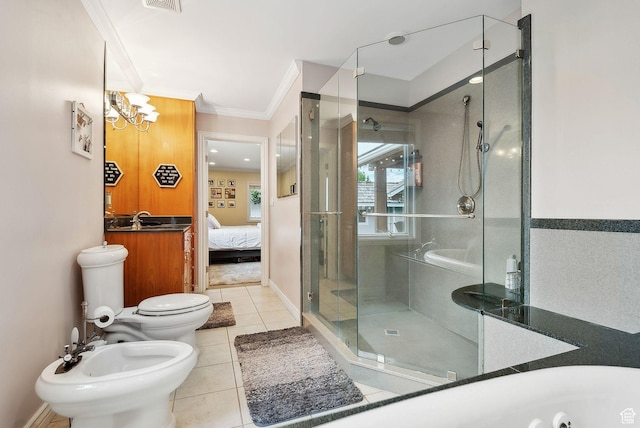 2625 E Kentucky Ave, Holladay, UT 84117 - ensuite bathroom with crown molding, a stall shower, toilet, tile patterned flooring, and a bidet