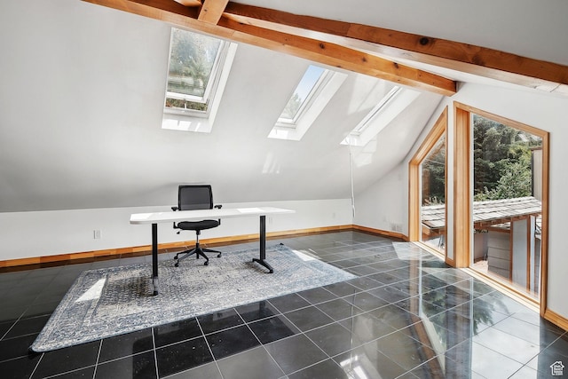 2625 E Kentucky Ave, Holladay, UT 84117 - unfurnished office featuring a skylight, dark tile patterned floors, and baseboards