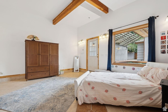 2625 E Kentucky Ave, Holladay, UT 84117 - bedroom featuring light tile patterned flooring, beamed ceiling, and baseboards