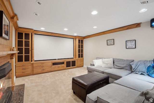 2625 E Kentucky Ave, Holladay, UT 84117 - cinema room featuring a fireplace with flush hearth, recessed lighting, and light colored carpet
