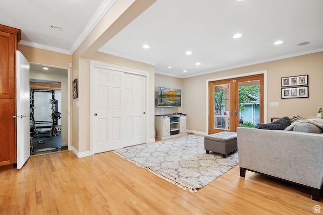 2625 E Kentucky Ave, Holladay, UT 84117 - living room with light wood-style flooring, baseboards, crown molding, recessed lighting, and french doors
