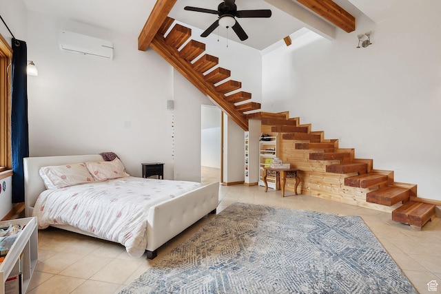 2625 E Kentucky Ave, Holladay, UT 84117 - bedroom featuring tile patterned floors, a wall mounted air conditioner, beam ceiling, and a ceiling fan