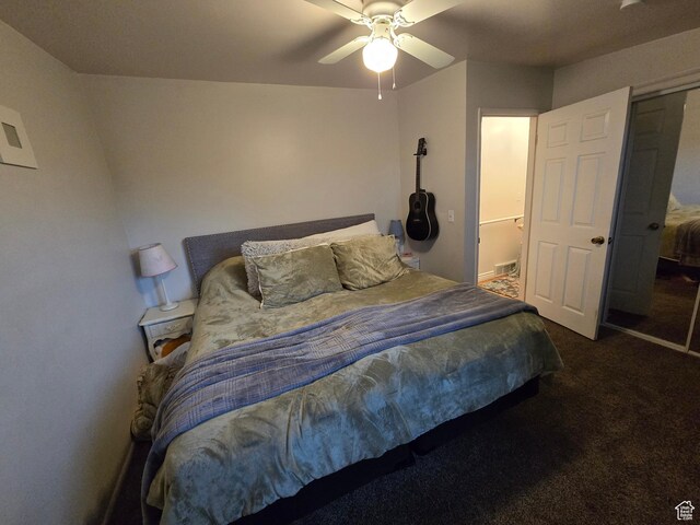 bedroom with carpet floors and a ceiling fan