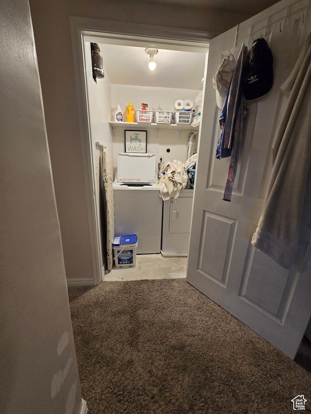 laundry room featuring washer and dryer and carpet flooring