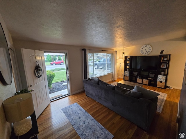 living area with a textured ceiling, plenty of natural light, wood finished floors, and baseboards