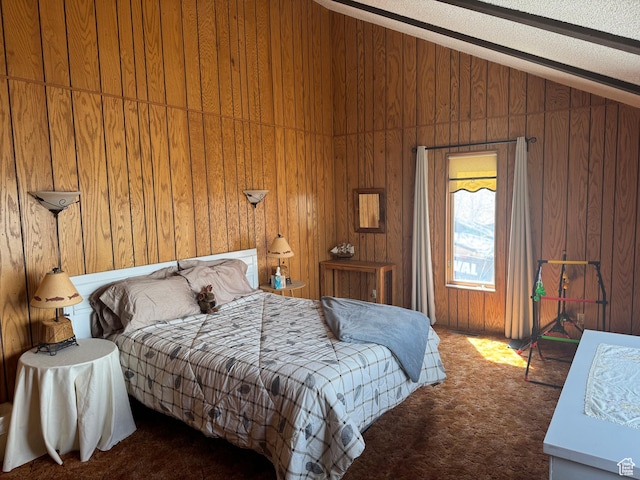 carpeted bedroom featuring lofted ceiling and wooden walls