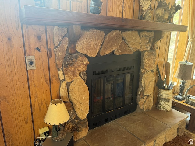 detailed view of a stone fireplace