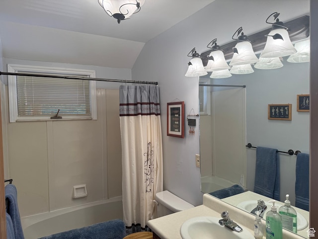 full bath with shower / bath combo, lofted ceiling, vanity, and toilet
