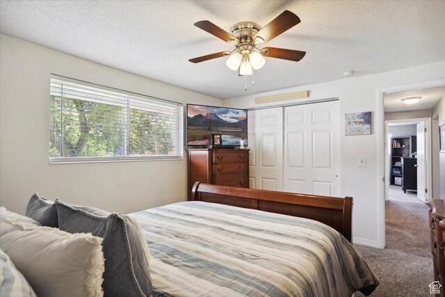2884 N 300 E, North Ogden, UT 84414 - carpeted bedroom with a closet, a ceiling fan, and a textured ceiling