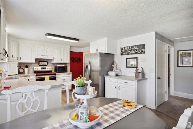 2884 N 300 E, North Ogden, UT 84414 - kitchen featuring stainless steel appliances, under cabinet range hood, a peninsula, white cabinets, and a textured ceiling