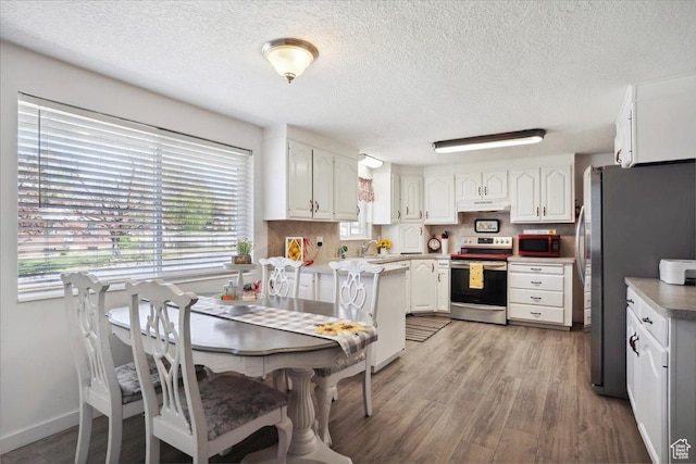 2884 N 300 E, North Ogden, UT 84414 - kitchen featuring stainless steel appliances, under cabinet range hood, a textured ceiling, a sink, and light wood finished floors