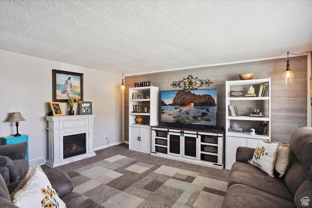 2884 N 300 E, North Ogden, UT 84414 - living room featuring a textured ceiling, a glass covered fireplace, carpet flooring, and wooden walls