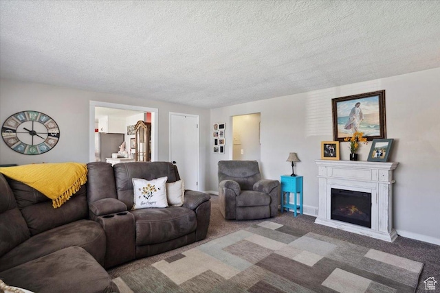 2884 N 300 E, North Ogden, UT 84414 - carpeted living area with a textured ceiling, a warm lit fireplace, and baseboards