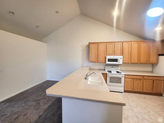 186 S 1900 W Unit R2, Lehi, UT 84043 - kitchen featuring white appliances, a peninsula, a sink, light countertops, and vaulted ceiling